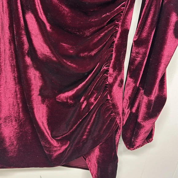 Elainone Off Shoulder Wrap V Neck Velvet Bodycon Dress Ruched Long Puff Sleeve - Picture 4 of 11